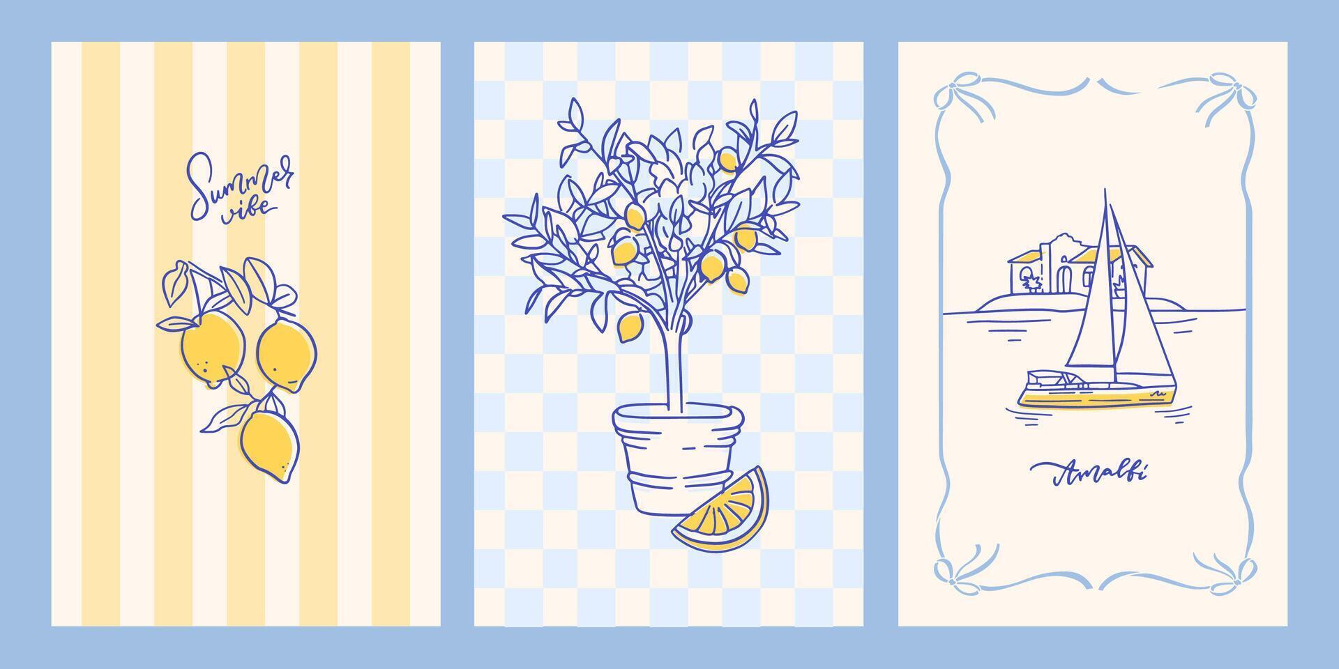 Hand draw la dolce vita posters set on minimalistic striped and checkered backgrounds. illustration of lemons, potted tree and yacht for invitations, stationery, printables, social media vector