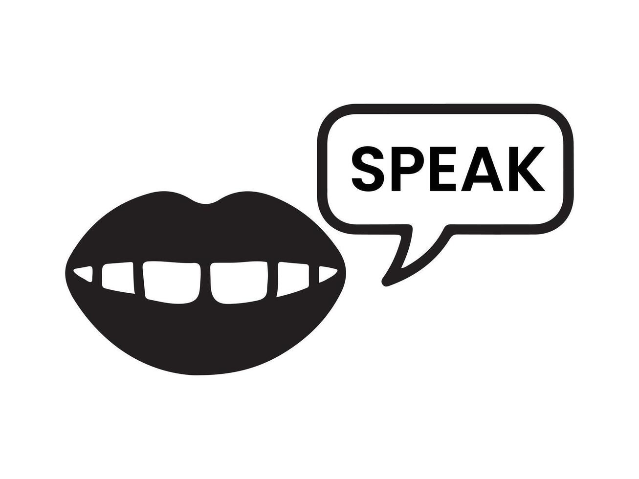 Simple black and white graphic of open mouth and speech bubble. vector