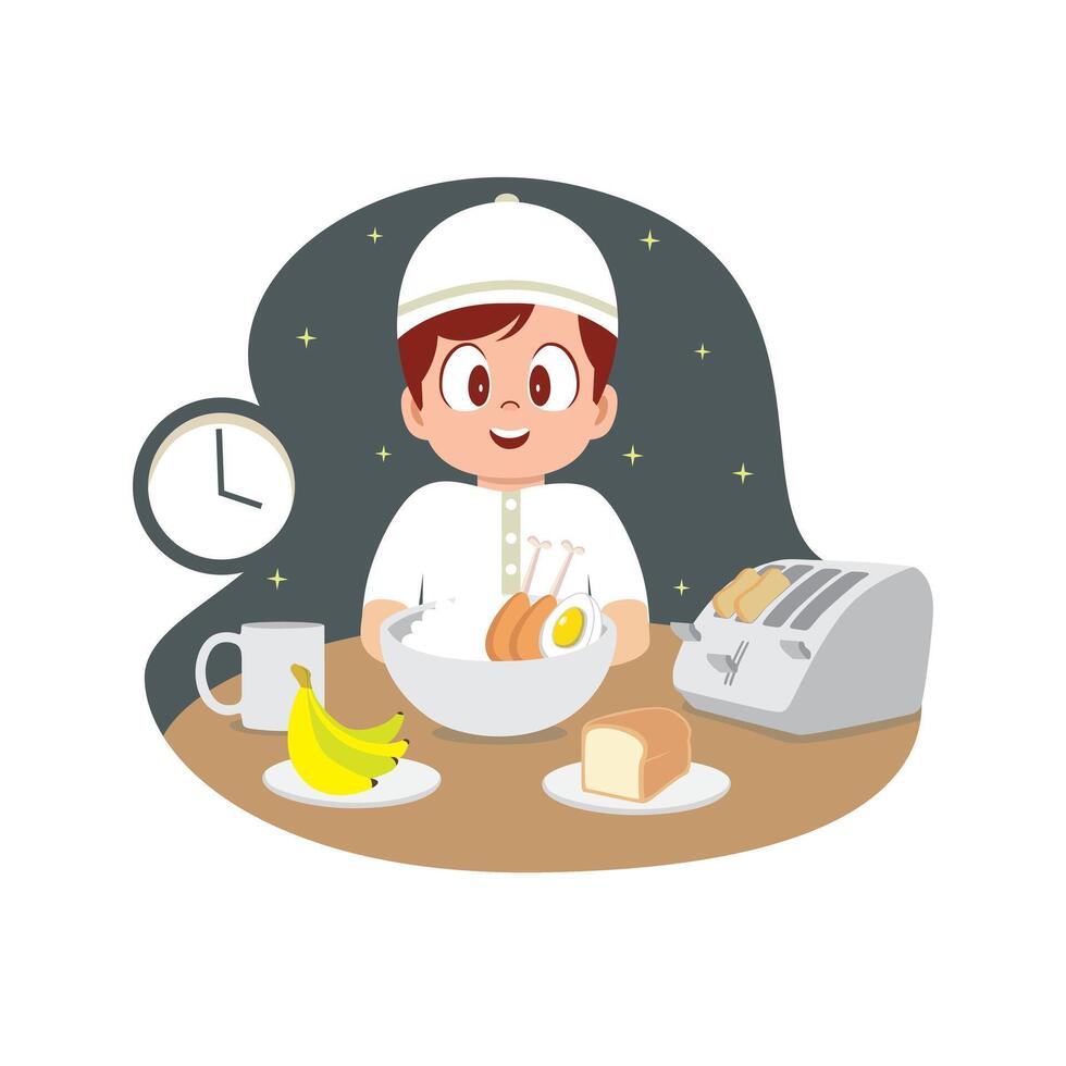 Happy Boy Having Suhoor Before Fasting Begins vector
