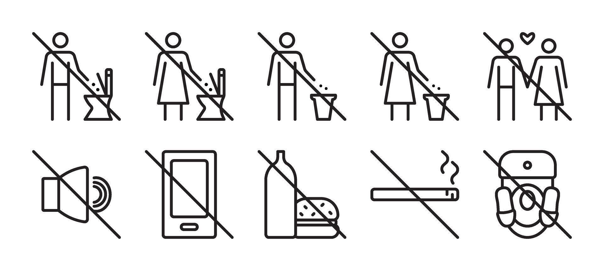 Prohibitory signs for public toilets, WC black line icon set. Collection of monochrome outline pictograms for women and men restrooms, 10 editable stroke symbols vector