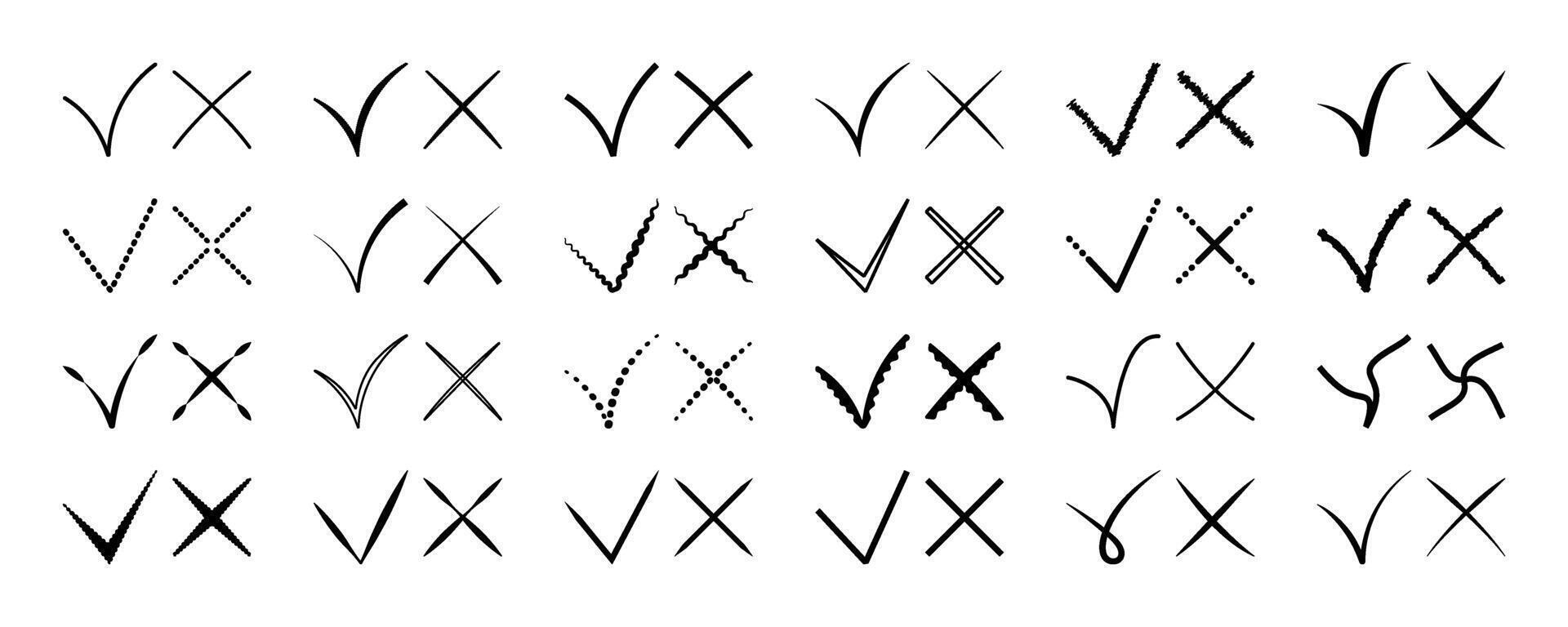 Black monochrome check marks and crosses set, ticks and X line icons for checkboxes and voting documents. Approval and rejection signs in different variations vector