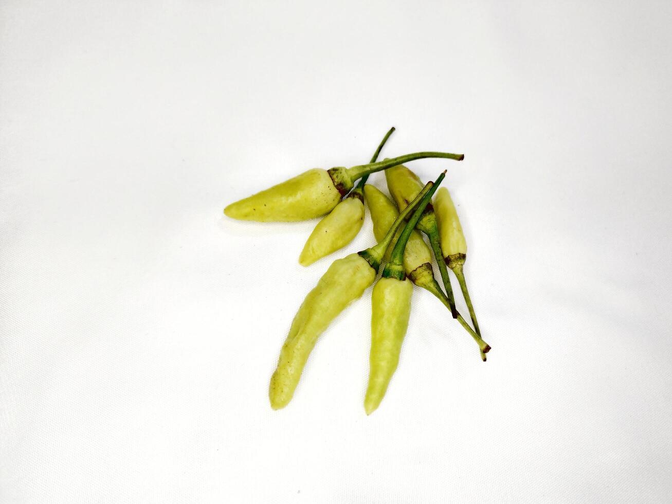 Green chilies arranged on a white background surface photo