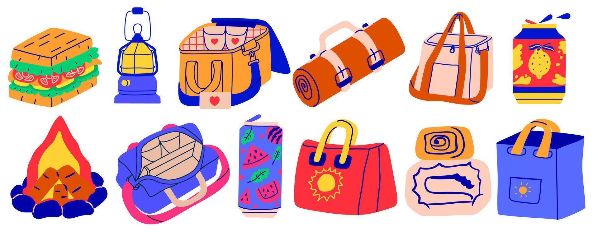 Summer picnic or camping objects. Hand drawn travel elements. set vector