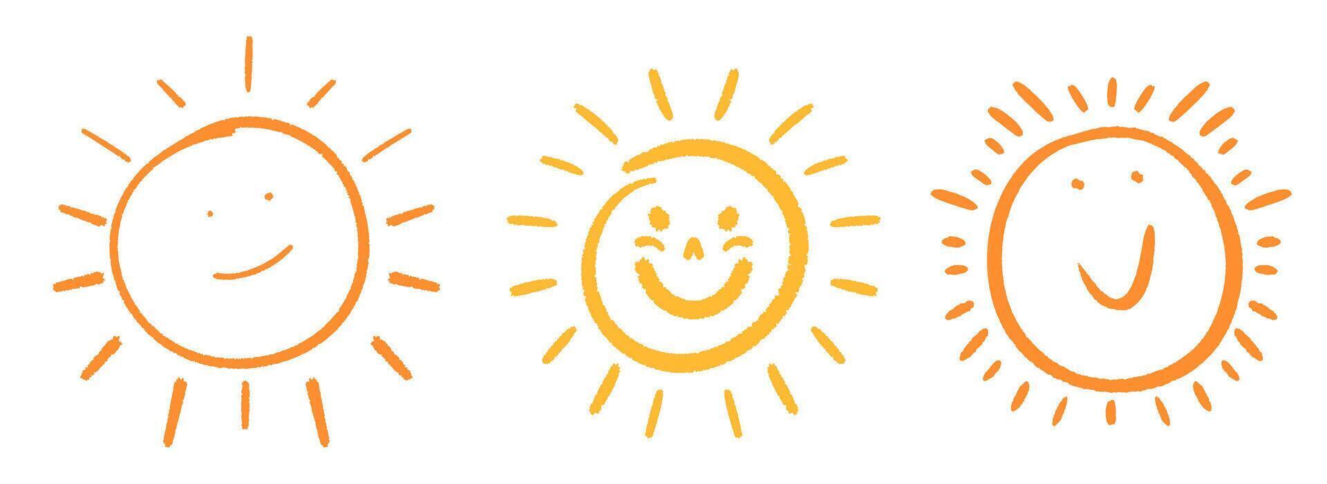 Hand-drawn sun set. Cute smiling suns with different expressions. Childish drawing style illustration. vector