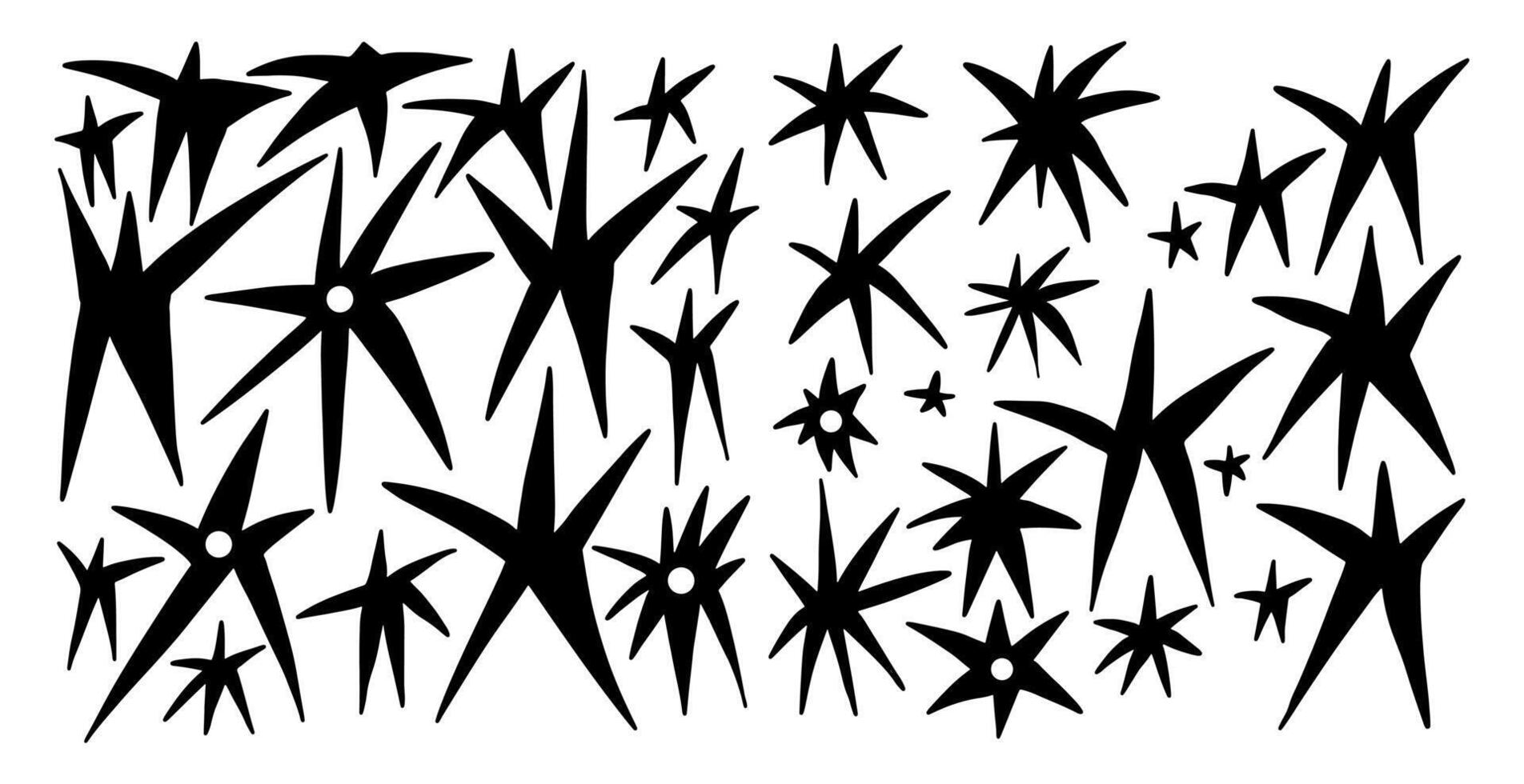 Hand drawn quirky stars. Abstract geometric starburst design elements. Black and white minimal graphic shapes. vector