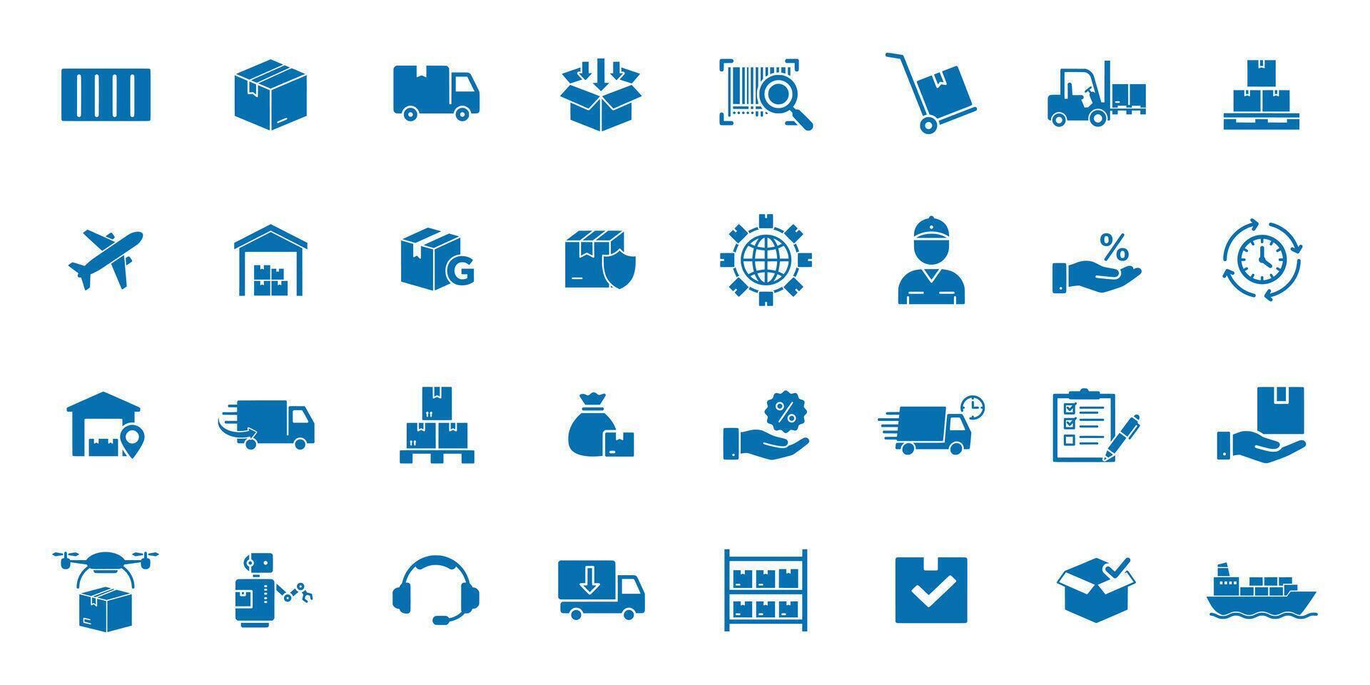 Collection of blue logistics icons including trucks, boxes, and ships. vector