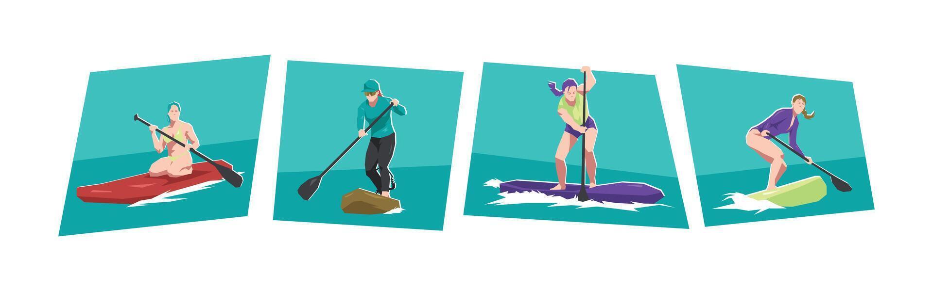 Female stand up paddle boarding athlete character illustration set. SUP, water sport, race. Flat cartoon style. vector
