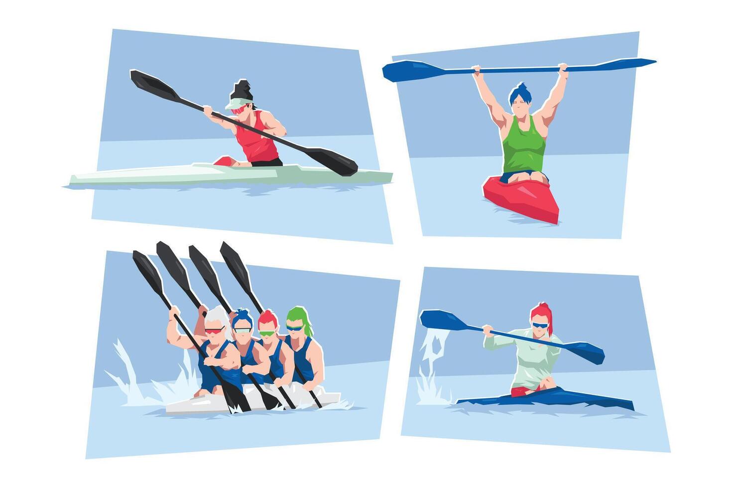 Female kayak athlete character illustration set. Kayak sprint, water sport, race. Flat cartoon style. vector