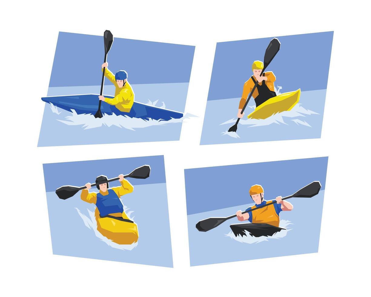 Male canoe slalom athlete character illustration set. Canoeing, water sport, race. Flat cartoon style. vector