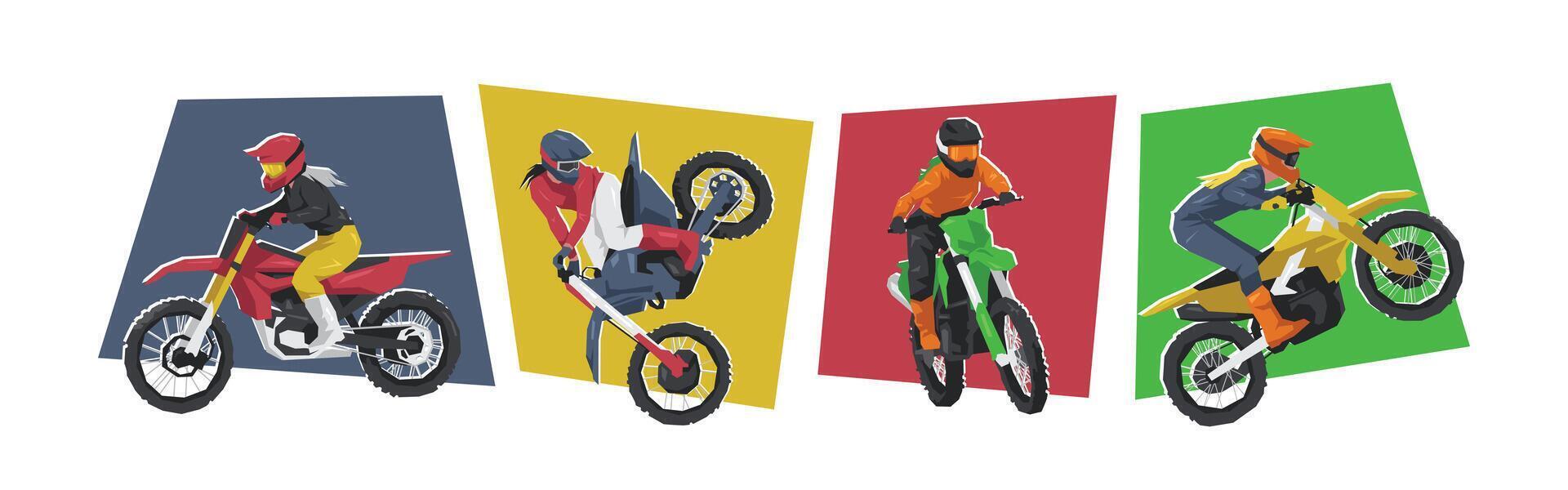 Illustration of female motocross rider character. Race, extreme sport. Flat cartoon style. vector