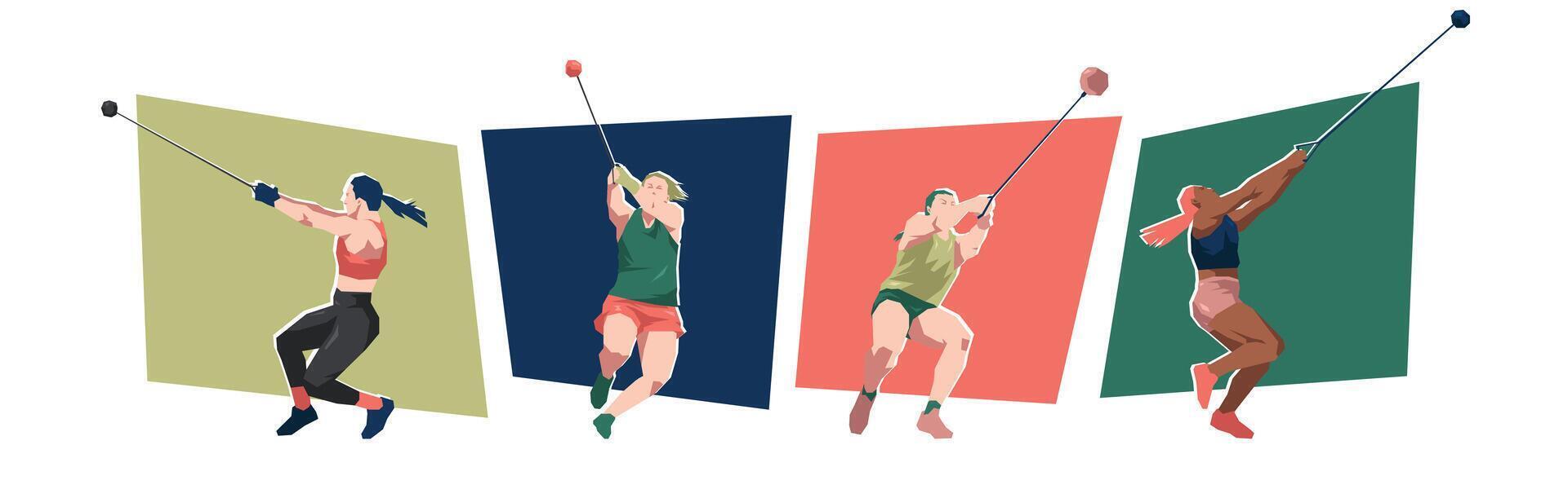 illustration of female hammer throw athlete character. Sport, athletic concept. Cartoon flat style. vector