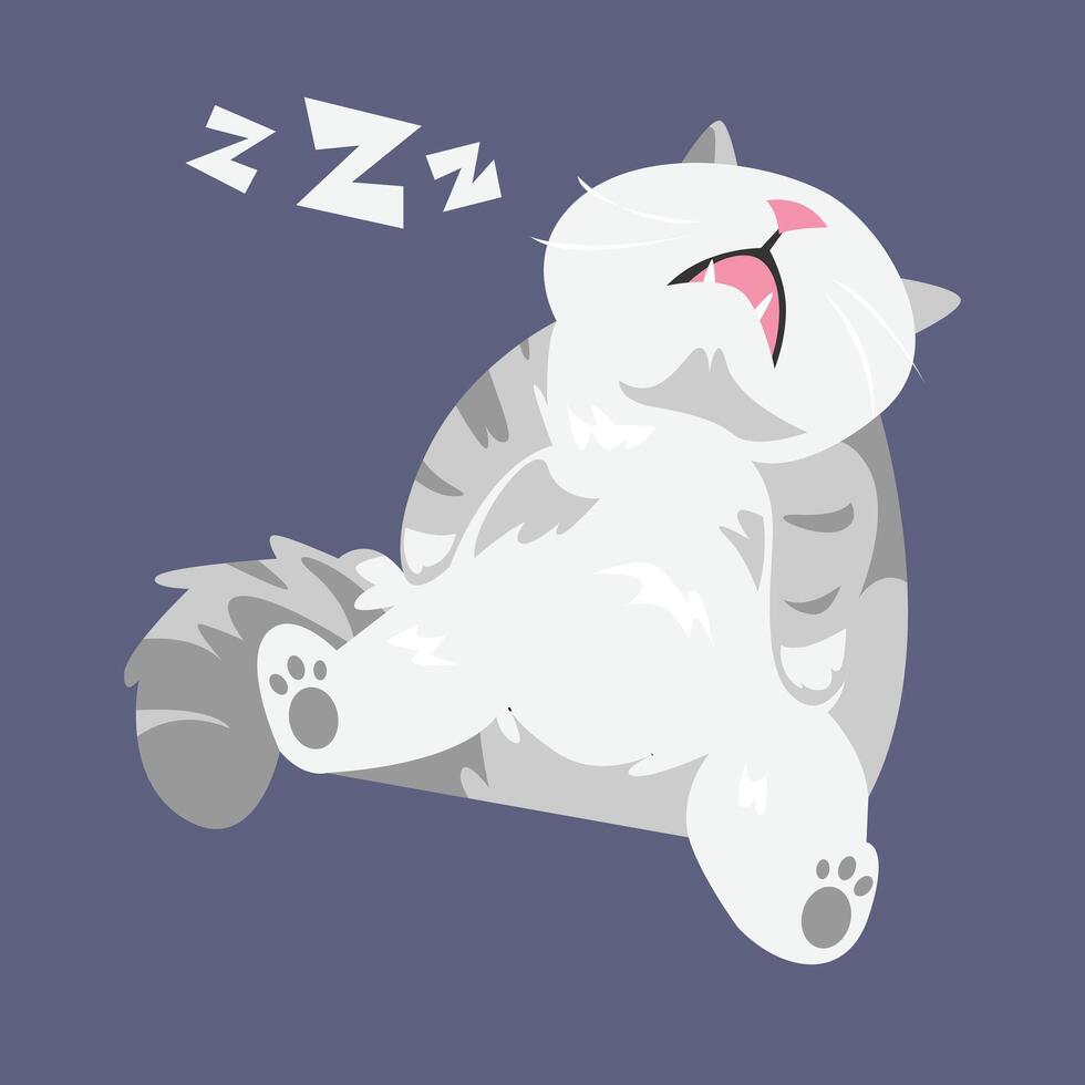 Adorable snoring silver cat sleeping in weird sitting position, mouth open. Isolated background. Cartoon illustration. vector