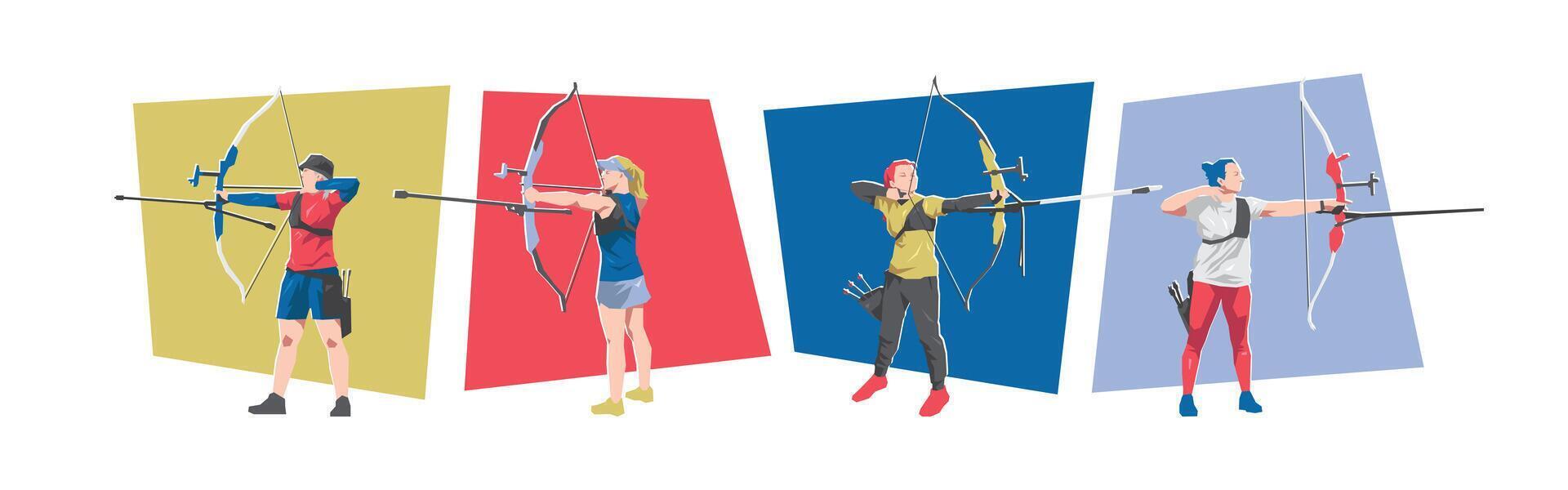 Female archer character set illustration. Archery, sport, game, activity concept. Flat cartoon graphic. vector