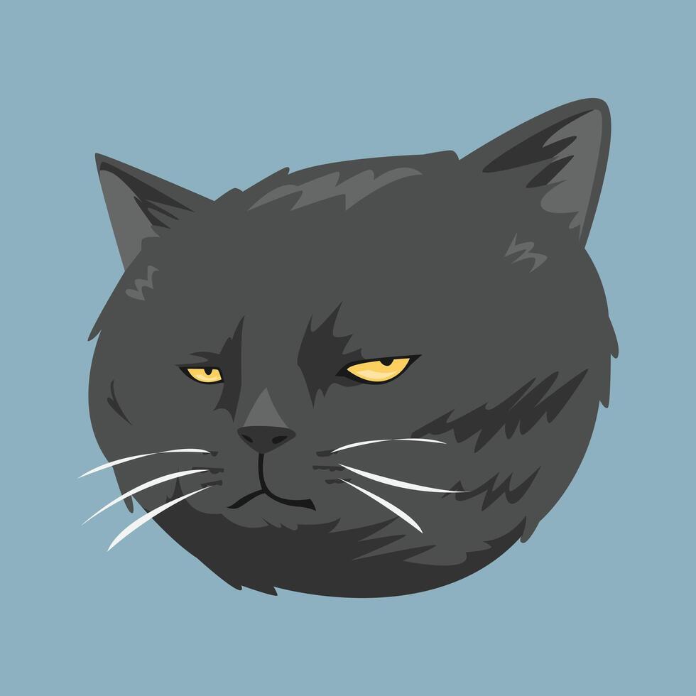 Funny tired chubby black cat close-up, sleepy look. Perfect for sticker, avatar, and more. Isolated background. Cartoon illustration. vector