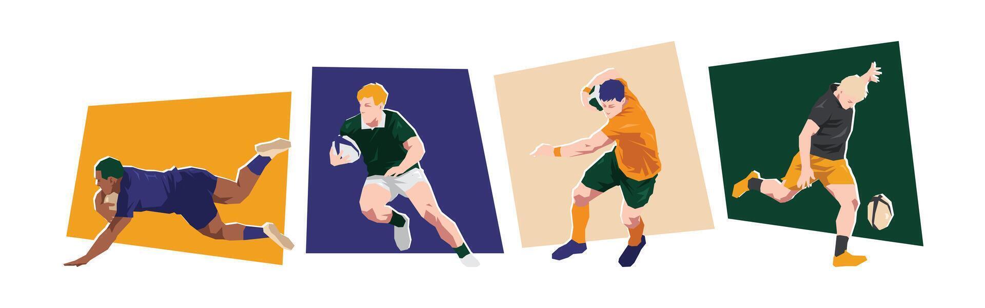 Men rugby player character set illustration. Sport, game, activity concept. Flat cartoon graphic. vector