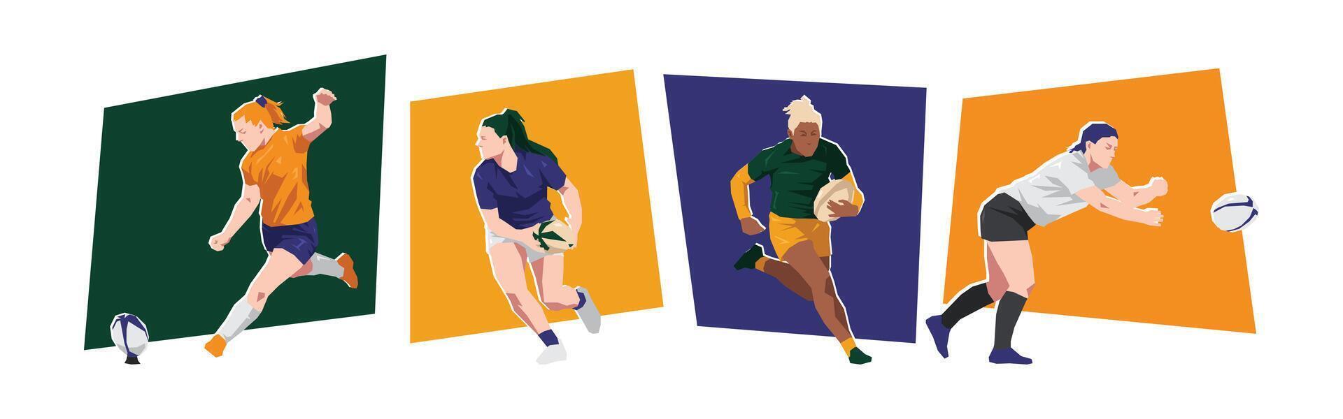 Women rugby player character set illustration. Sport, game, activity concept. Flat cartoon graphic vector