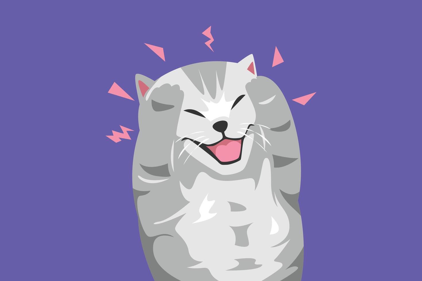 Frustrated kitten holding head, eyes closed and screaming. Isolated on purple background. Cartoon illustration. vector