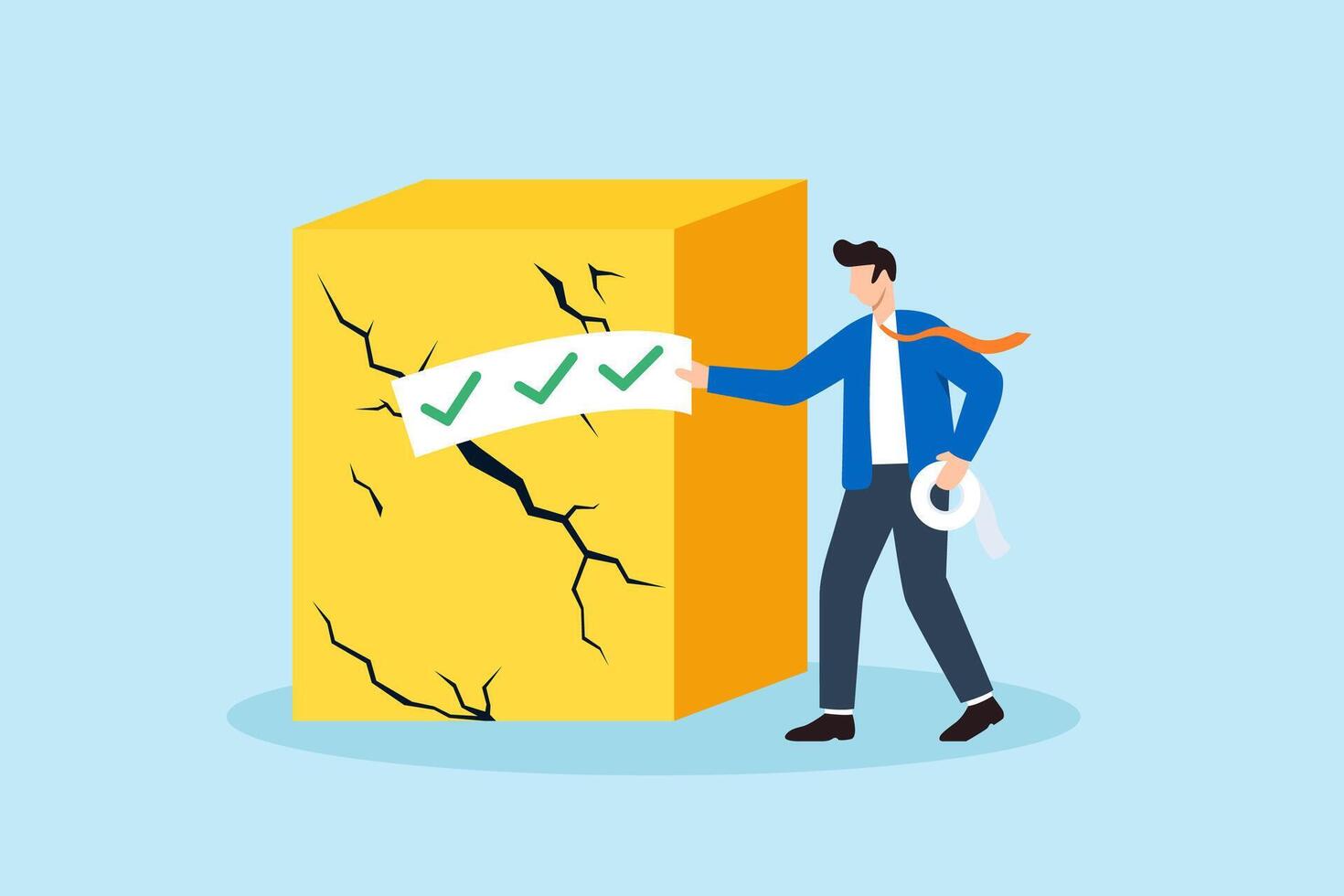 Flat illustration of quality control manager patching cracks on product surface with checklist tape and approval label vector