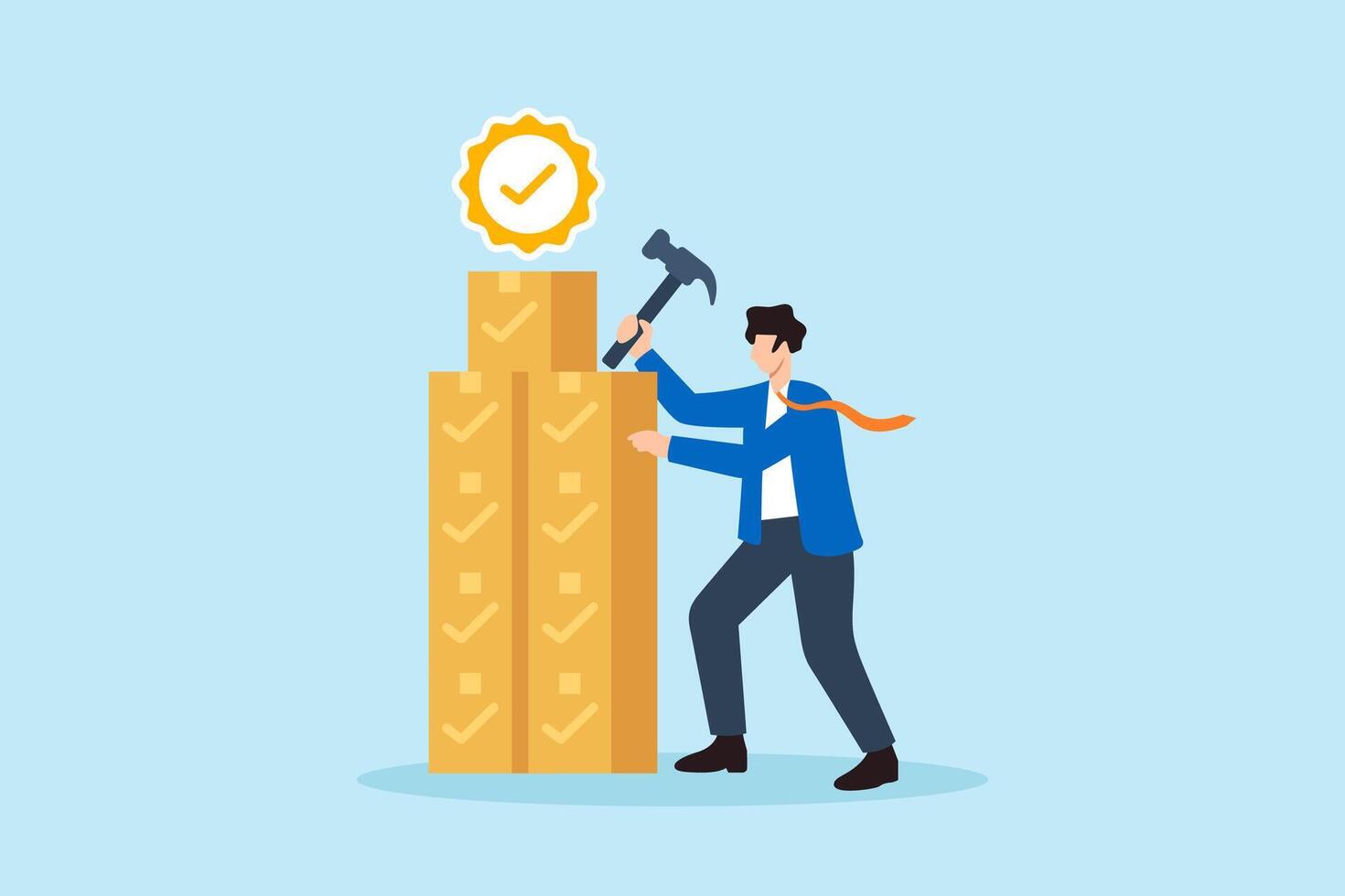 Flat illustration of quality control manager building tower of product boxes with checkmark and compliance badge on top vector