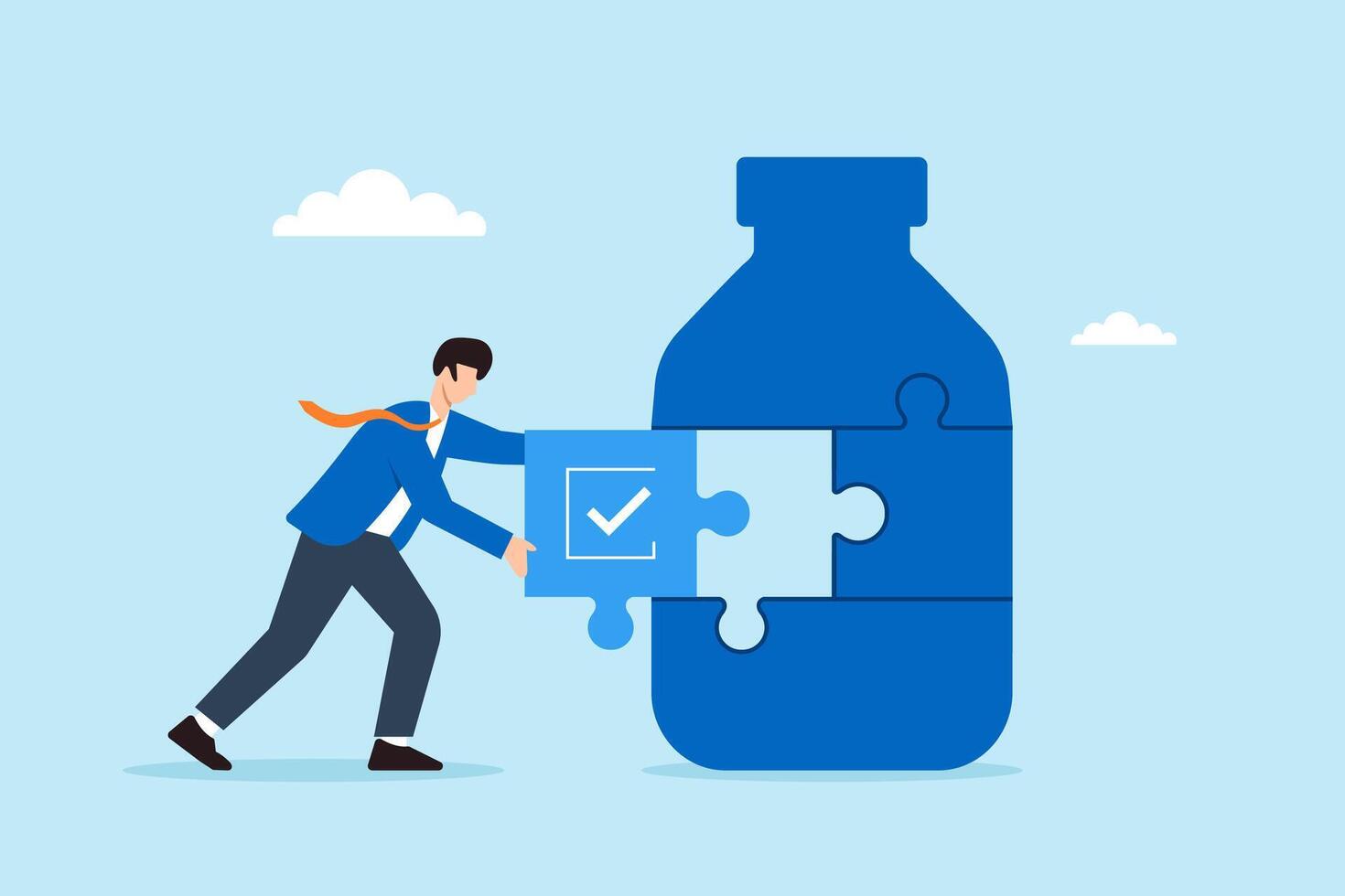 Flat illustration of quality control manager placing checklist puzzle piece into product bottle shape for compliance check vector