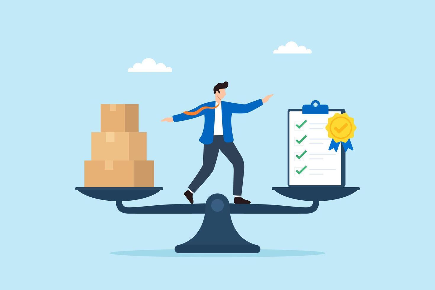 Flat illustration of quality control manager balancing product boxes and compliance checklist on scale to ensure manufacturing standards vector