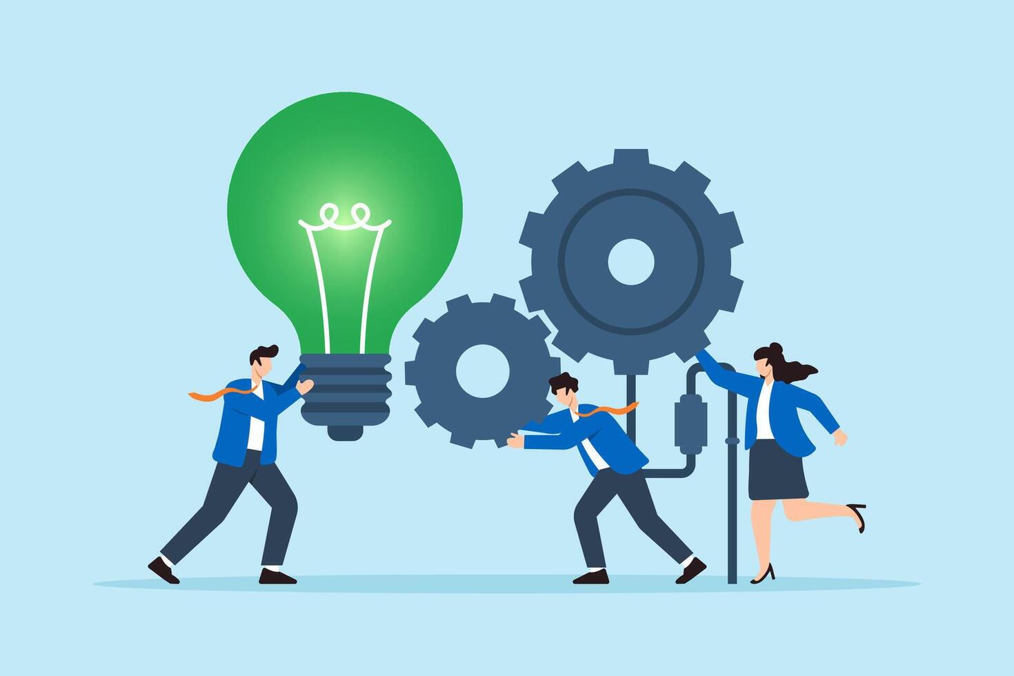 Flat illustration of employees turning giant green ESG lightbulb gear to drive corporate sustainability machine vector