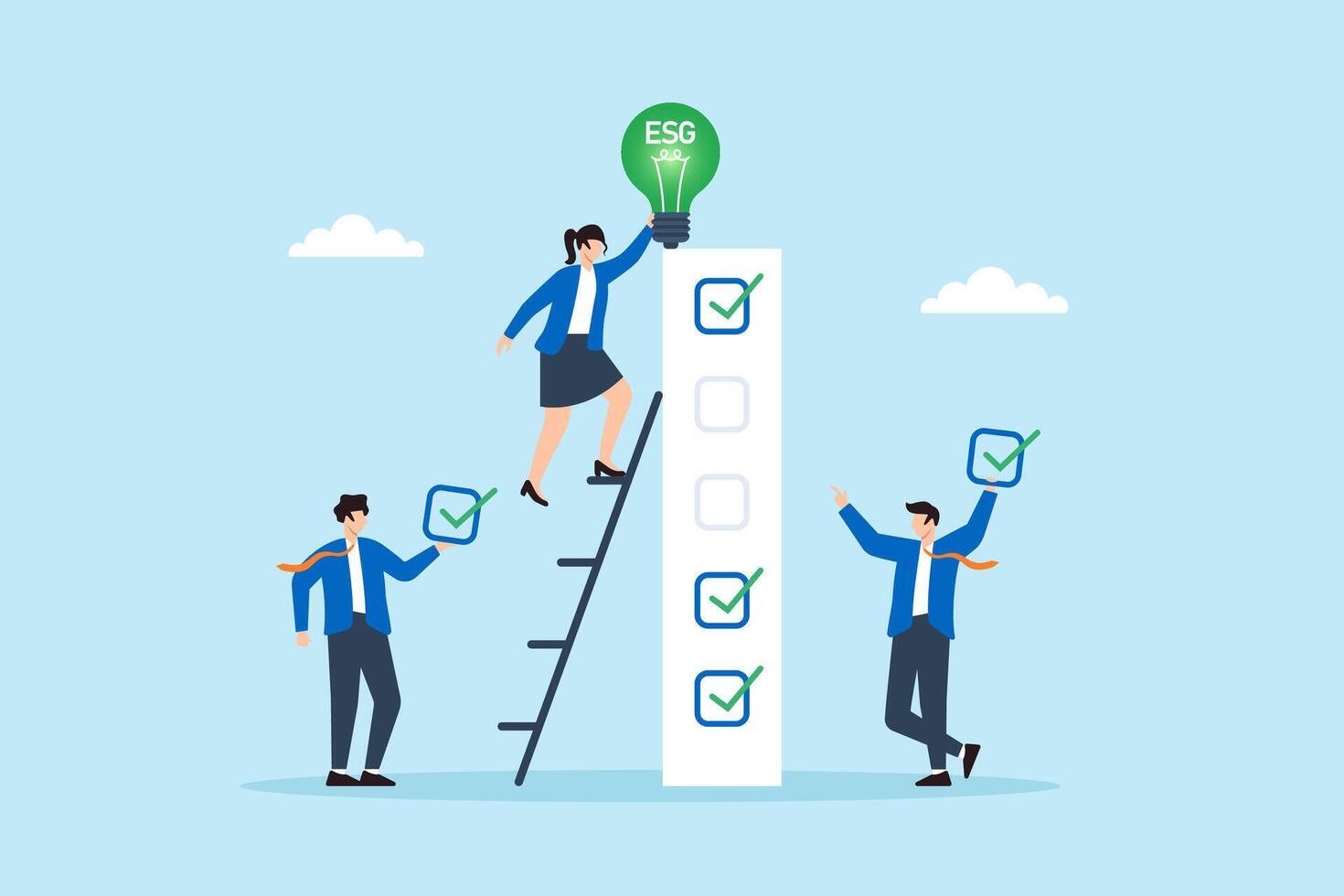 Flat illustration of employees placing green ESG lightbulb on top of checklist to represent clean energy goal achievement vector