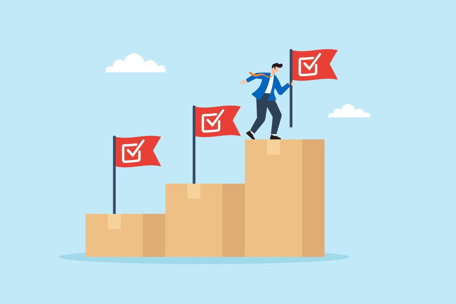 Flat illustration of quality control manager planting checklist flags on product mountain symbolizing quality milestones vector