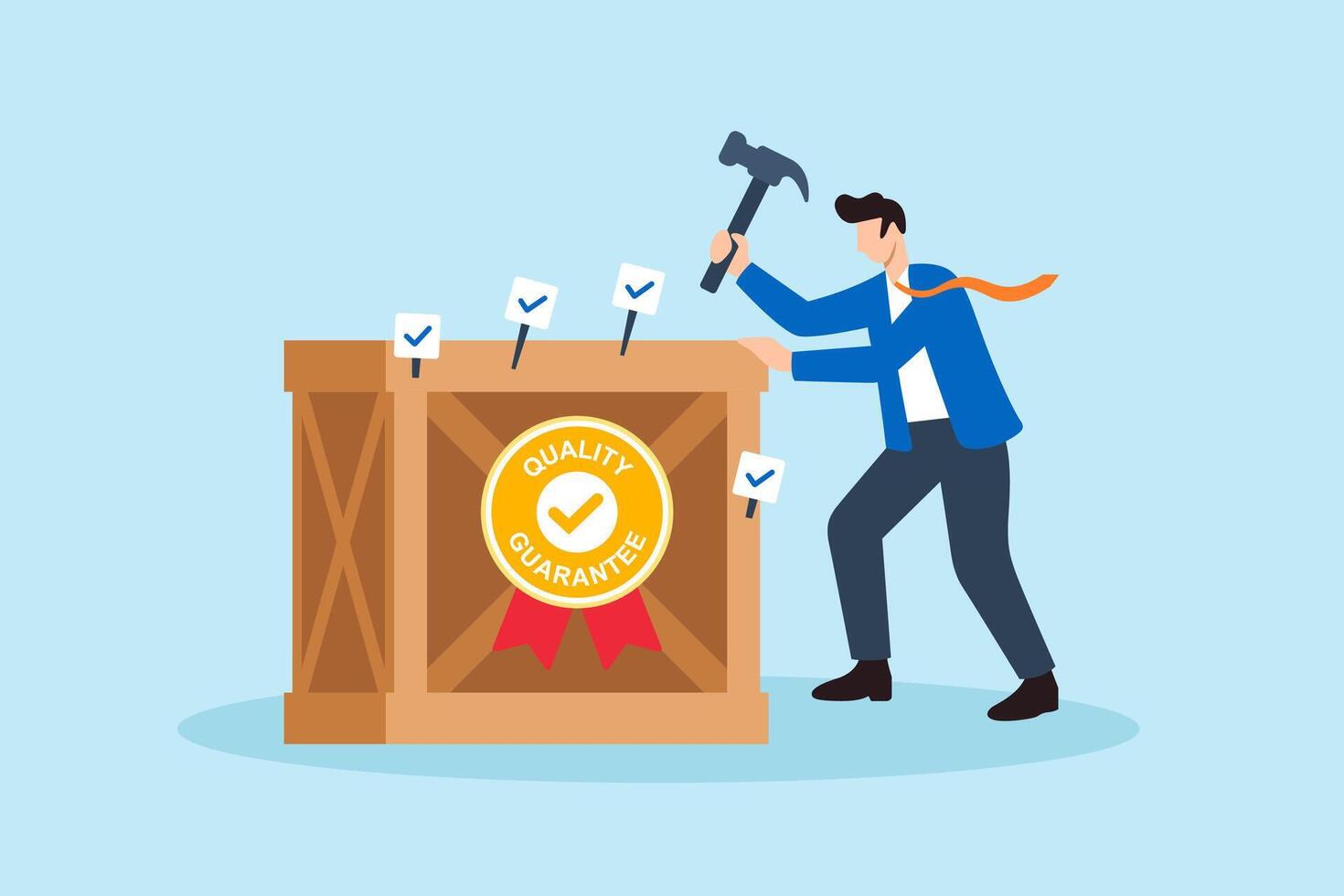Flat illustration of quality control manager hammering checklist nails into product board to secure quality guarantee badge vector