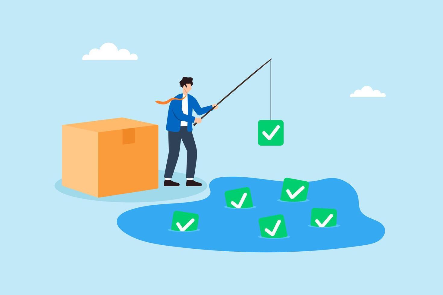 Flat illustration of quality control manager fishing checklist icons from compliance lake to certify product safety vector