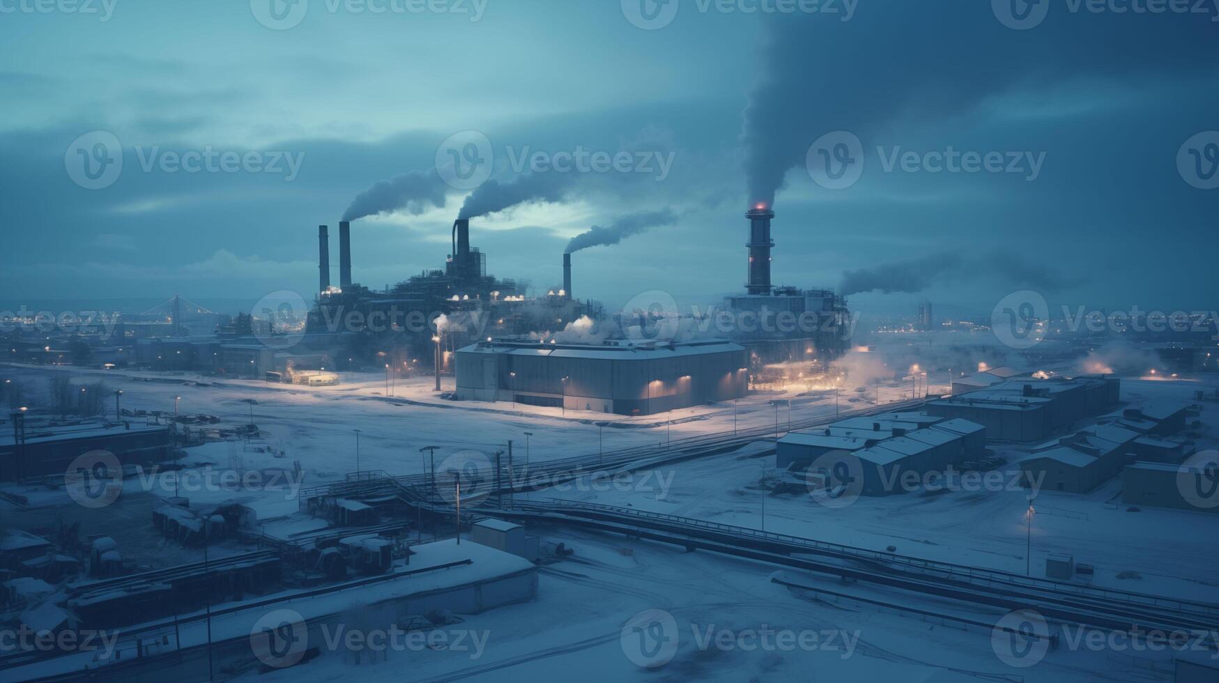 Large power plants in cold countries have smoke billowing from their chimneys at dusk photo