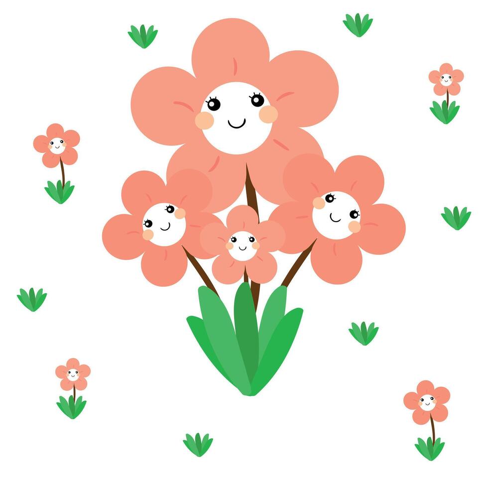 Hand drawing cartoon pink flower character with smiling face and green leaves. cute plant doodle vector