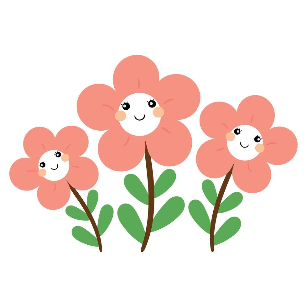 Hand drawing cartoon pink flower and green leaves. cute plant doodle vector