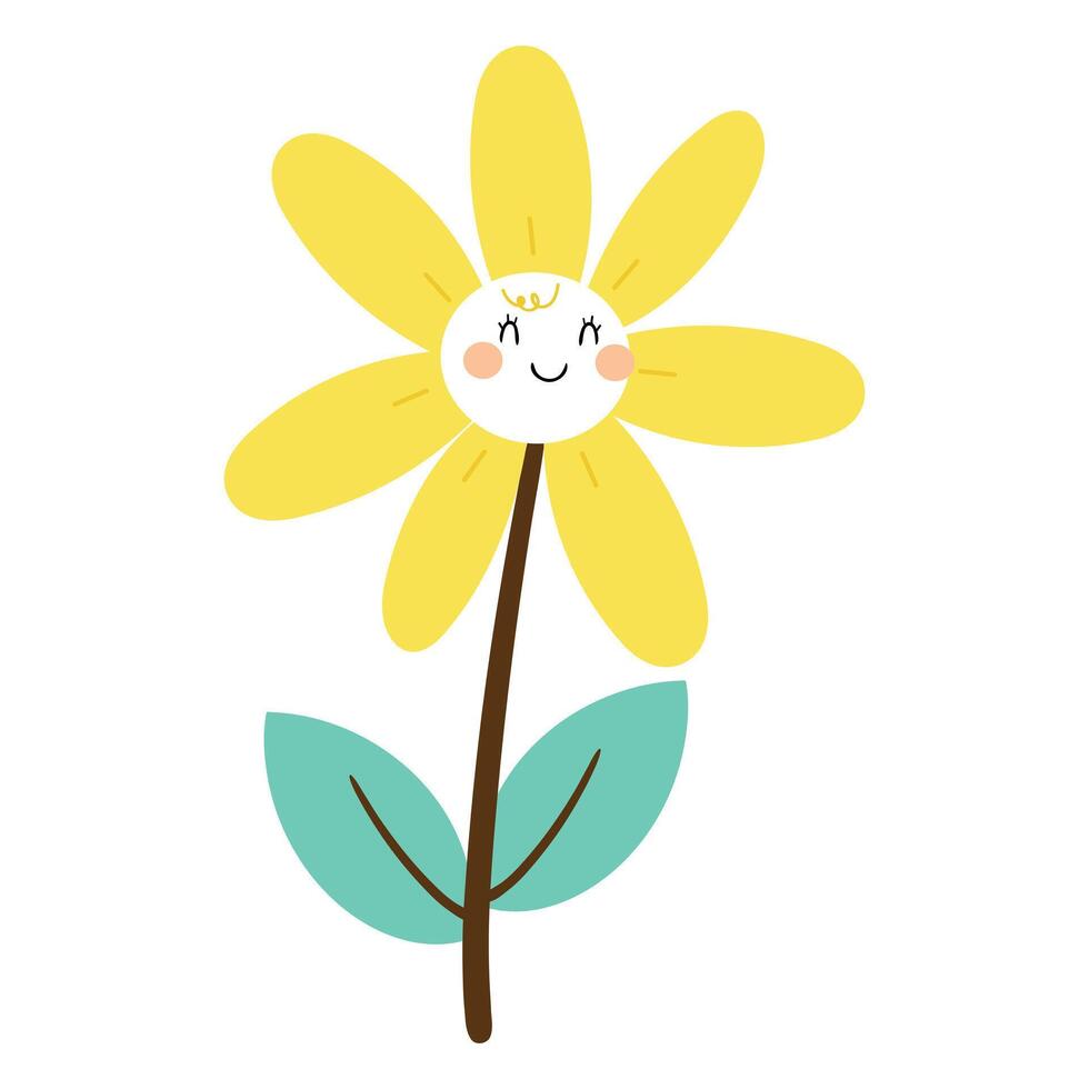 Hand drawing cartoon yellow flower character with smiling face and blue leaves. cute plant doodle vector