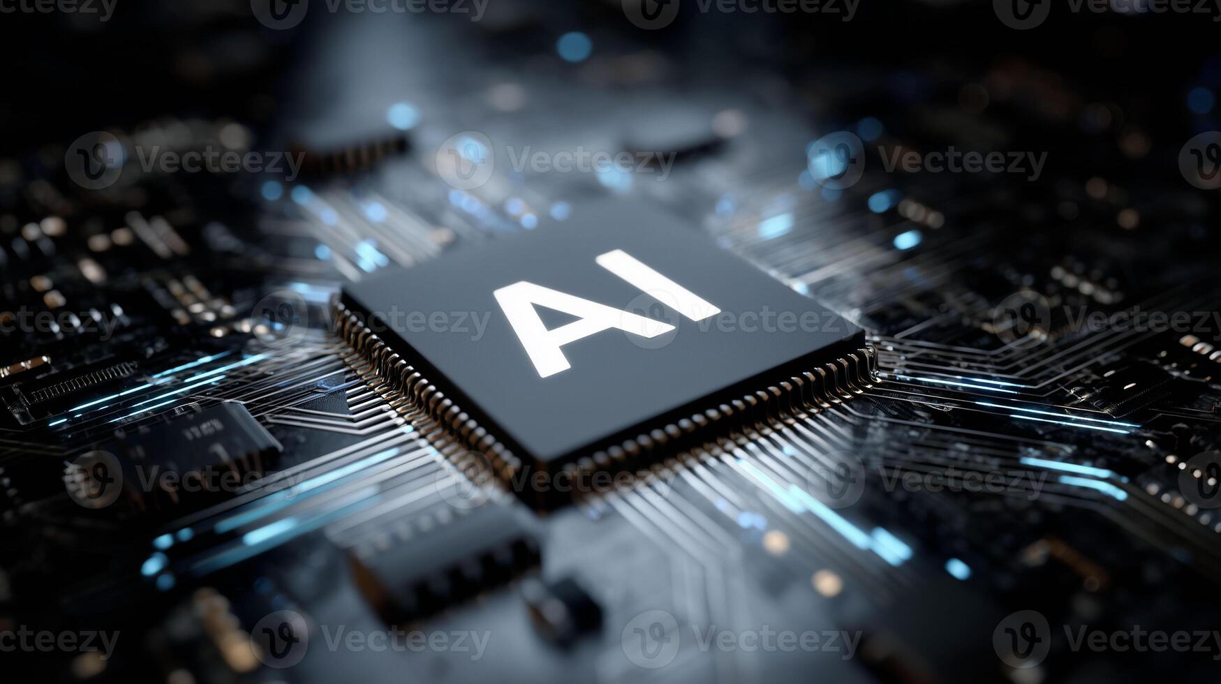 chip with AI label and light pulses flowing through the circuit photo
