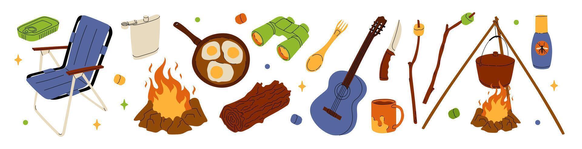 Camping gear set. Flat illustration of hiking and outdoor essentials armchair, fire, guitar, binoculars, canned food, knife, marshmallow, adventure themes vector
