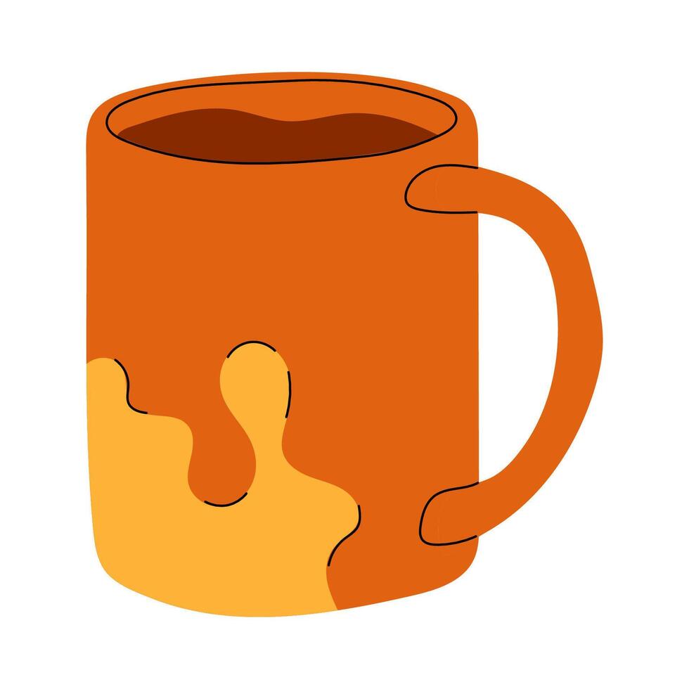 Orange cartoon mug with a drink. The mug has a simple design and a large handle, suitable for hot drinks. vector