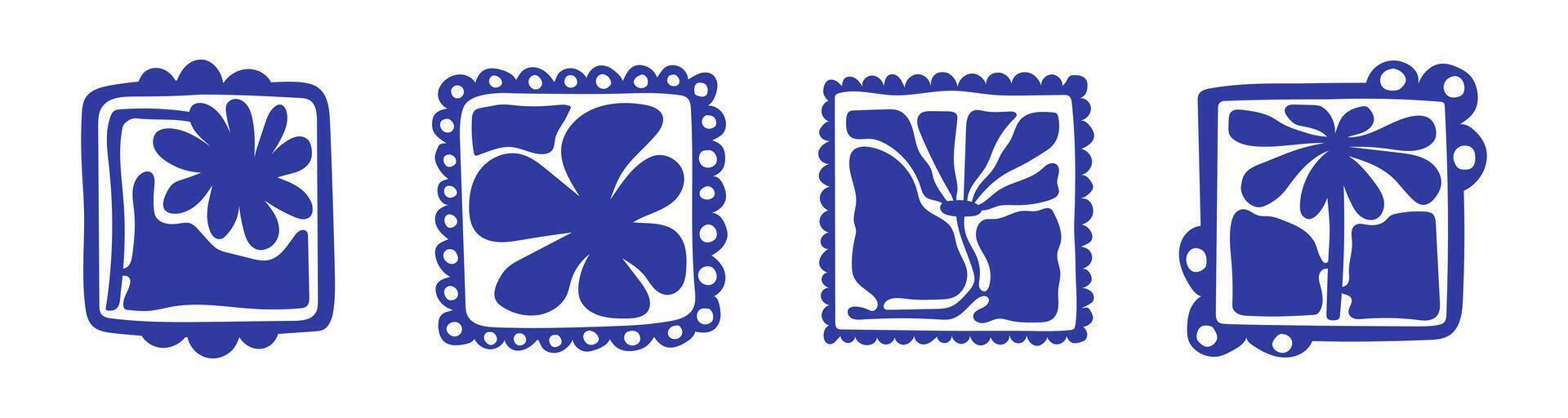 Abstract Nature Pattern with Bloom Daisy Flowers in Matisse Art Style. Decorative Set of Groovy Floral Posters. Print with Plants. Botanic illustration in blue color. vector