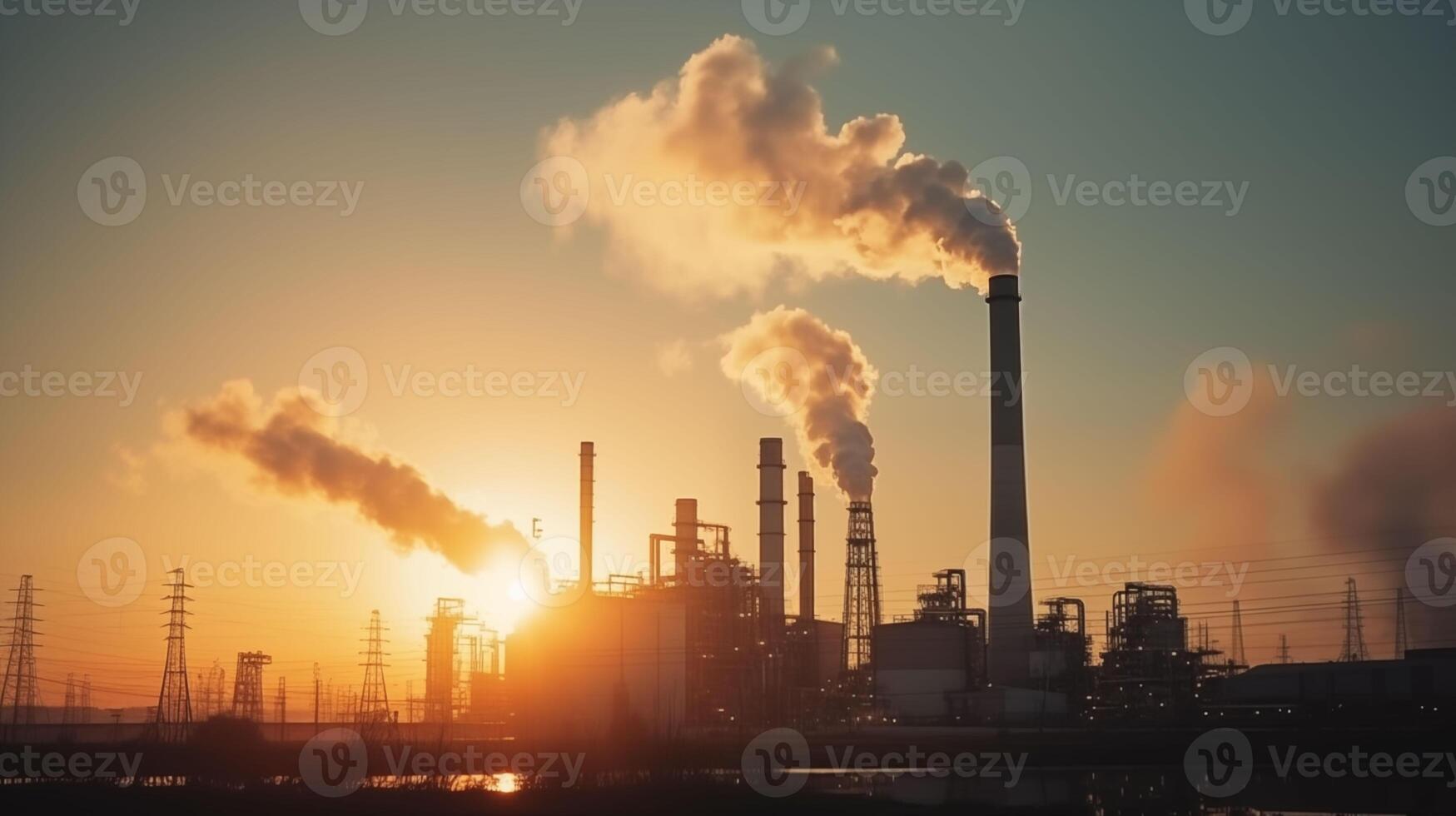 Large power plants have smoke billowing from their chimneys at dusk photo