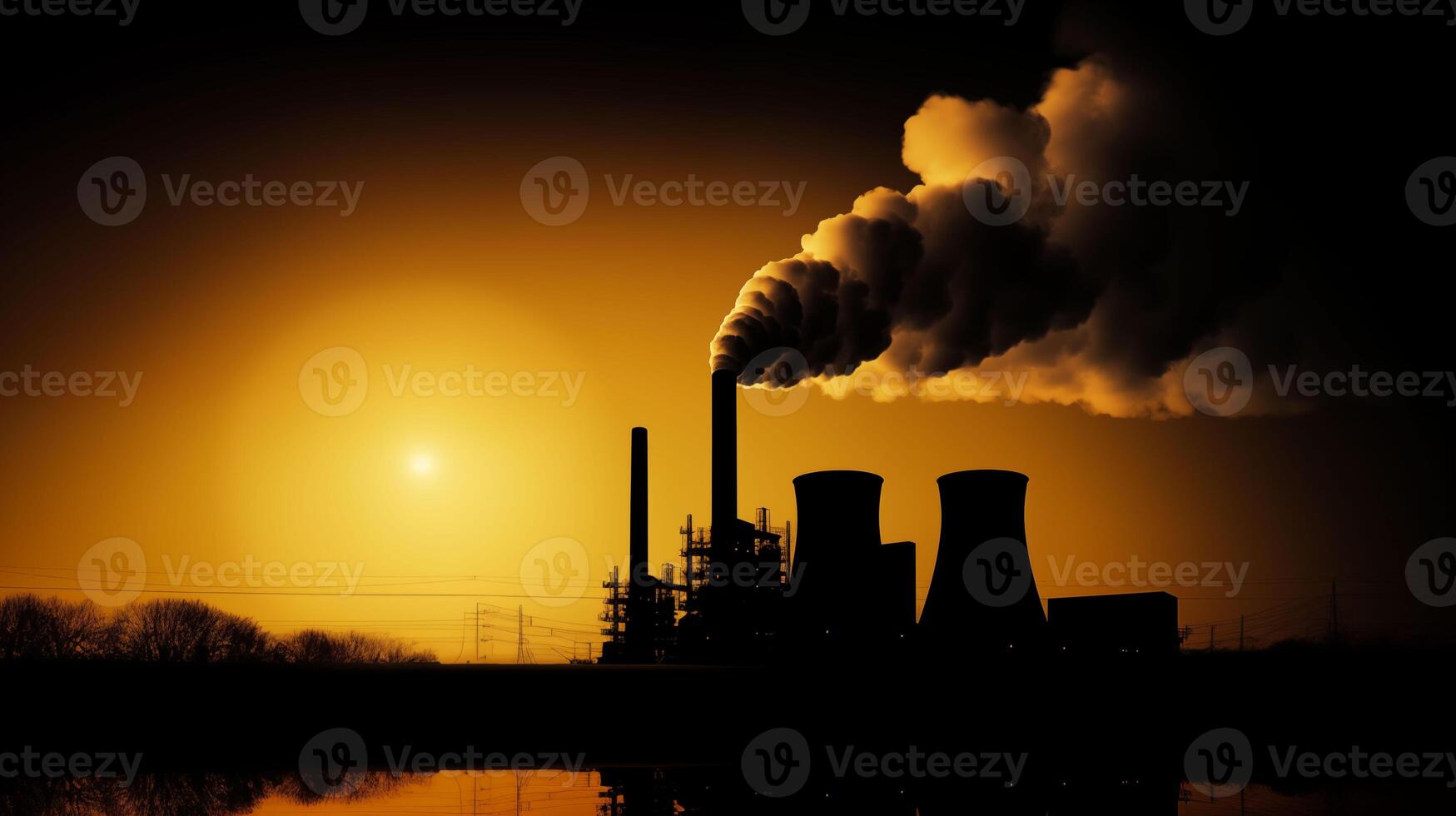 Silhouette of a large power plant with smoke billowing from its chimneys photo