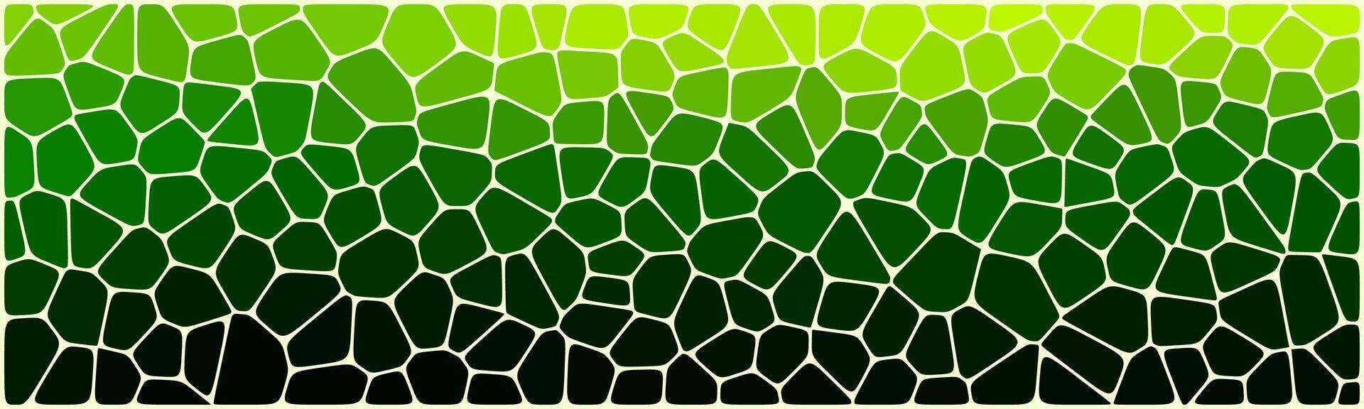 A green mosaic pattern with irregular polygonal tiles in a gradient from light lime to dark green and black, outlined in white, resembling stained glass or reptile skin. vector