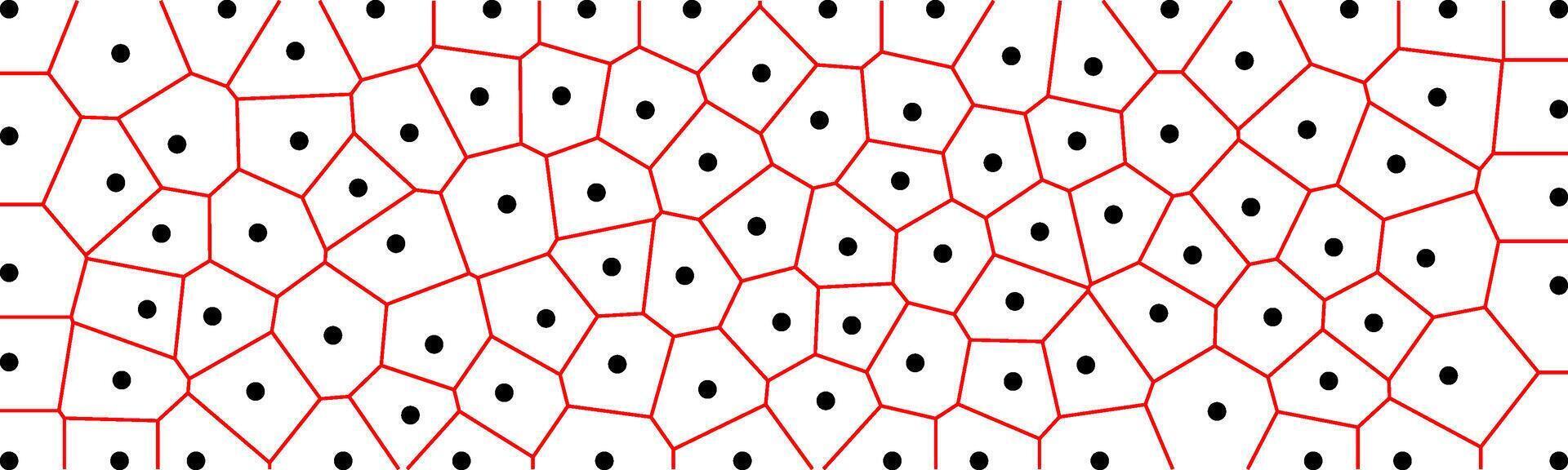 Voronoi diagram with red edges and black seed points, illustrating spatial partitioning into polygonal cells based on proximity to each seed point. vector