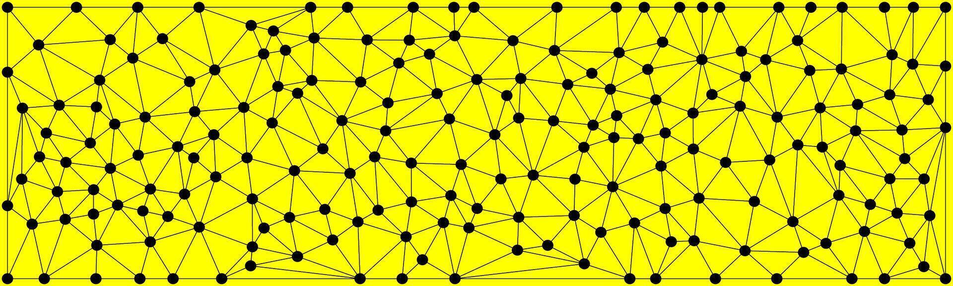 A black dot and line network forming a mesh-like structure on a bright yellow background, representing connectivity, systems, or digital communication in a modern abstract style. vector