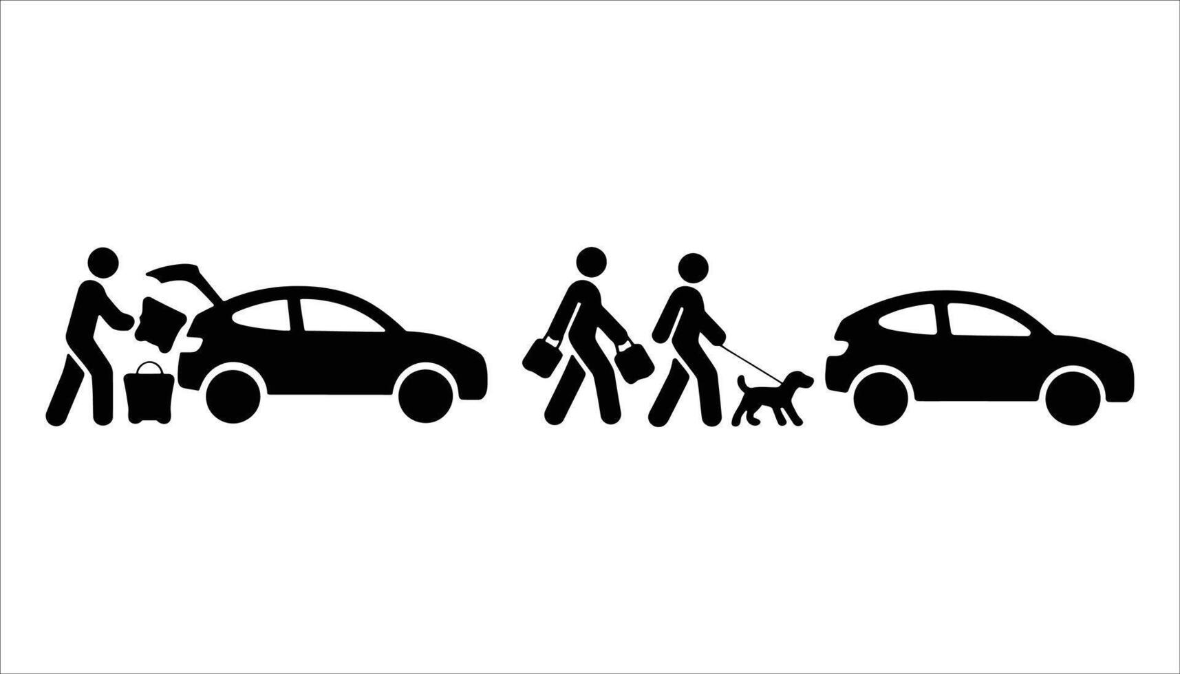 Family Travel Icon Set Stick Figures Loading Car, Walking Dog, and Carrying Luggage vector