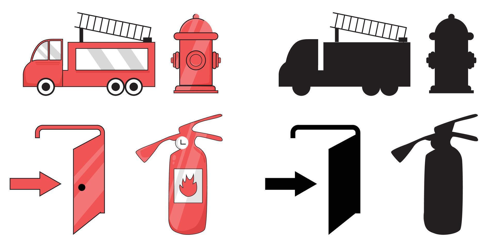 A collection of fire safety icons, consisting of fire trucks, fire extinguishers and professional emergency evacuation symbols. vector