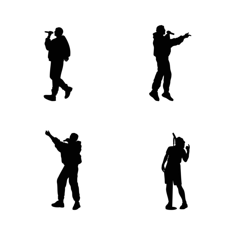 Dynamic Male Singer Silhouette Set Collection of Performing Artists in Expressive Singing Poses Isolated on White Background vector