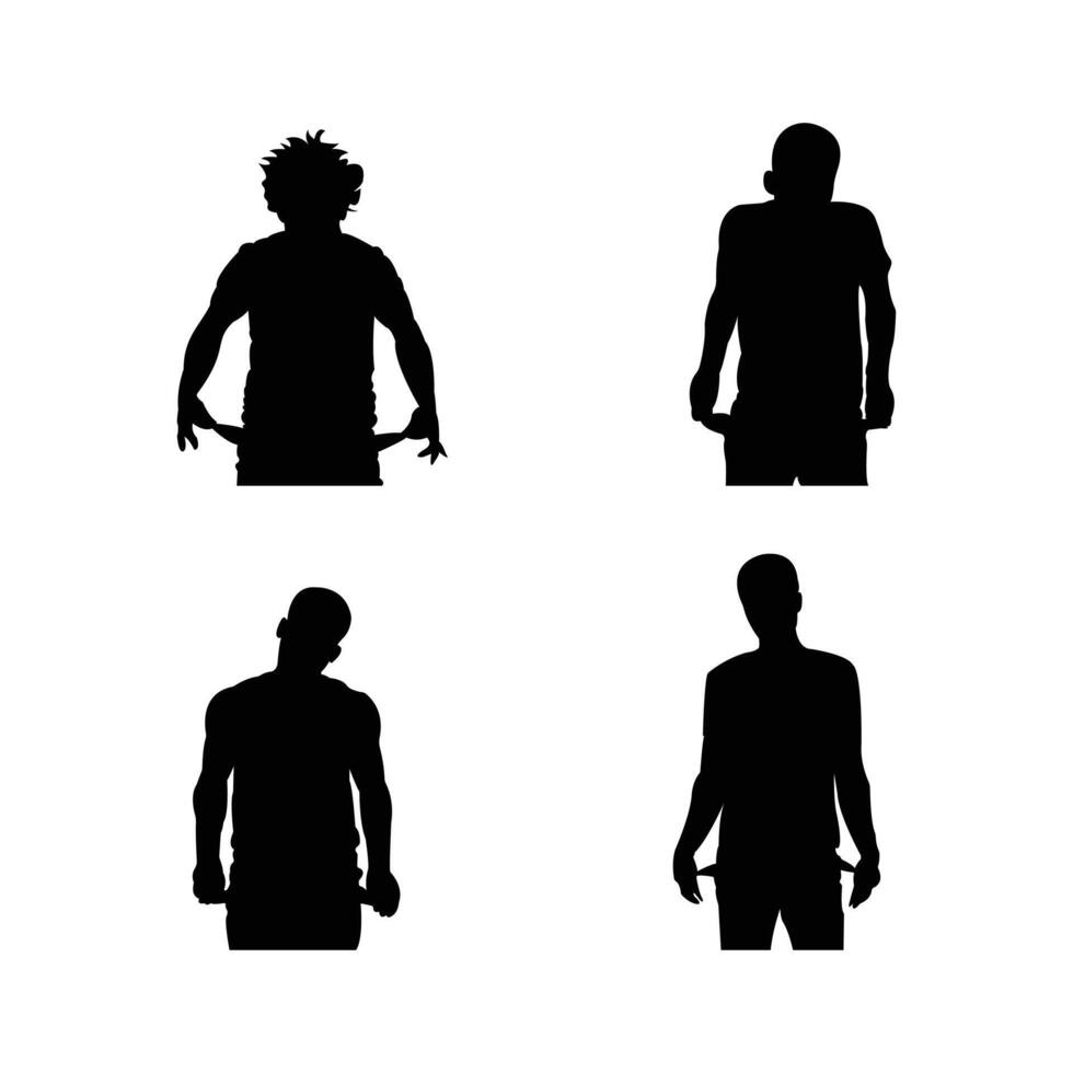 Silhouette Set of Men with Empty Pockets Depicting Financial Struggle and Broke Businessman Poses Isolated on White Background vector