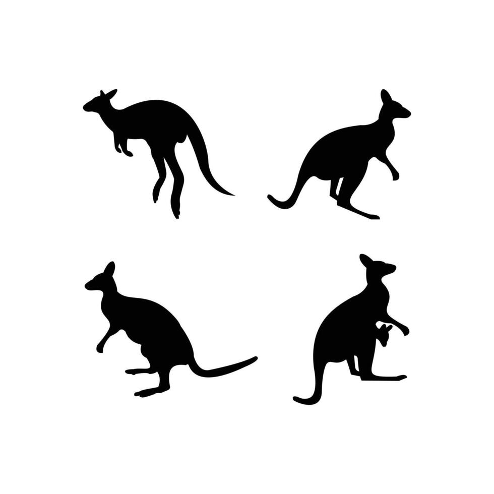 Kangaroo Silhouette Set Featuring Realistic Black Illustrations in Various Poses Including Sitting, Standing, Lying, and Jumping Isolated on White Background vector