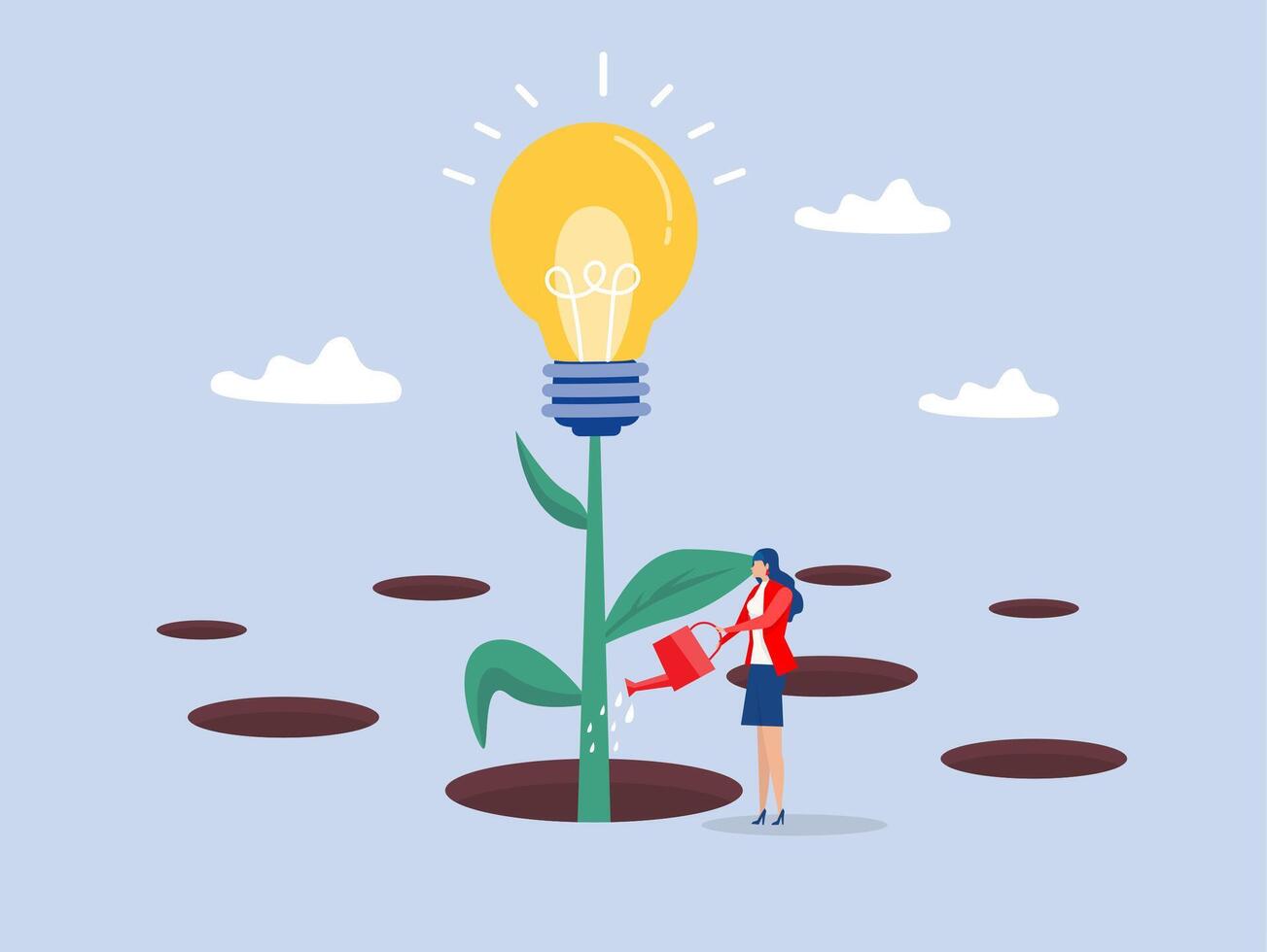 businesswoman watering to reach lightbulb grow plant,Creativity idea, solution or persuade success improvement progress, personal development concept vector