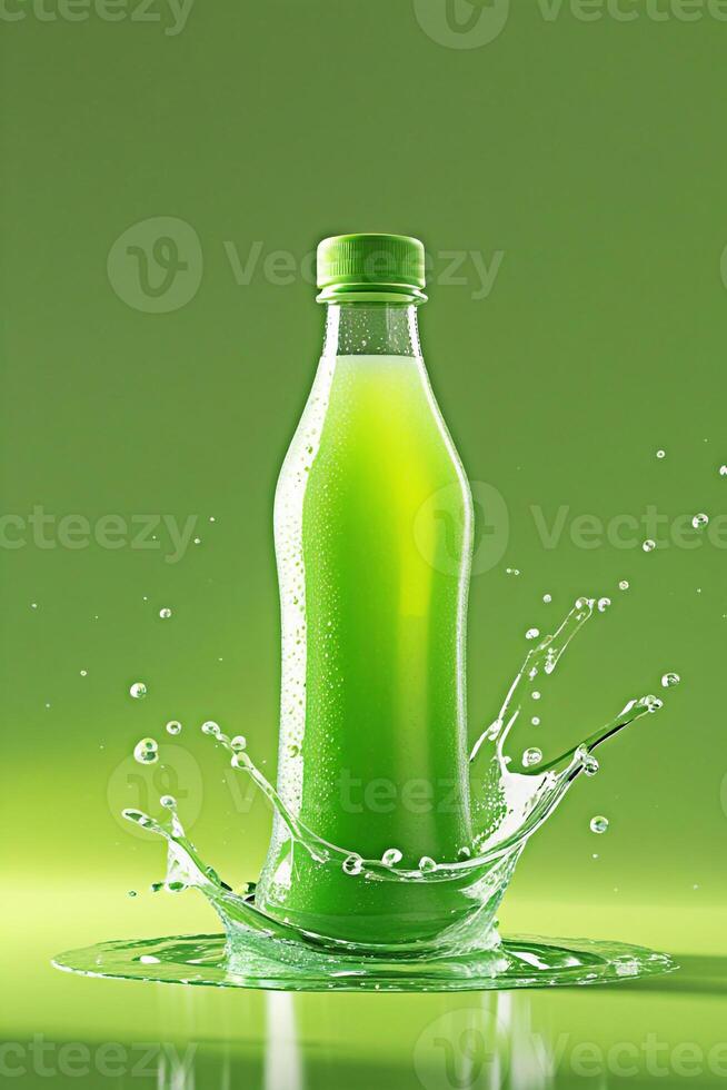 A solitary, sleek, and radiant lime green juice bottle stands upright against a matching vibrant lime green background, evoking a sense of freshness and energy. The bottle's curvature reflects a subtl photo